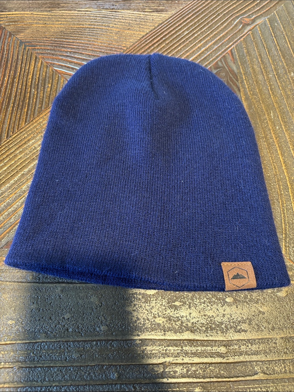 Classic Men's Navy Knit Beanie Hat with Leather Logo Patch